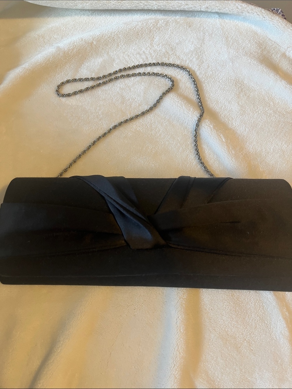 le chateau Black Satin Knot Clutch with Chain Strap